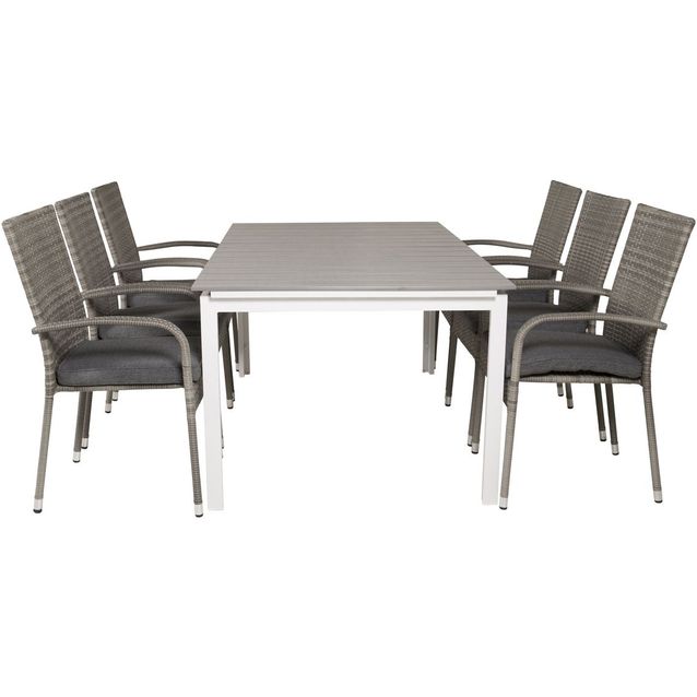 Ruokailuryhmä Venture Home, 160/240x100cm jatkettava harmaa/valkoinen Levels-pöytä + 6 harmaata Anna-tuolia