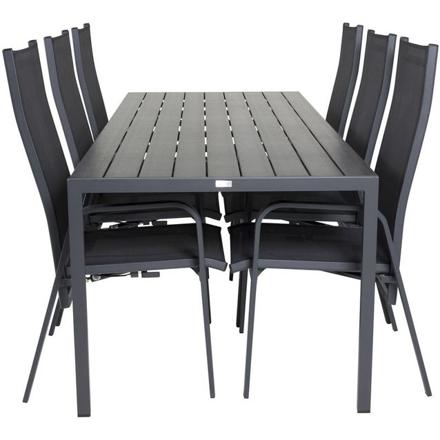 Ruokailuryhmä Venture Home, 205x90cm musta Break-pöytä + 6 mustaa Copacabana-säätötuolia