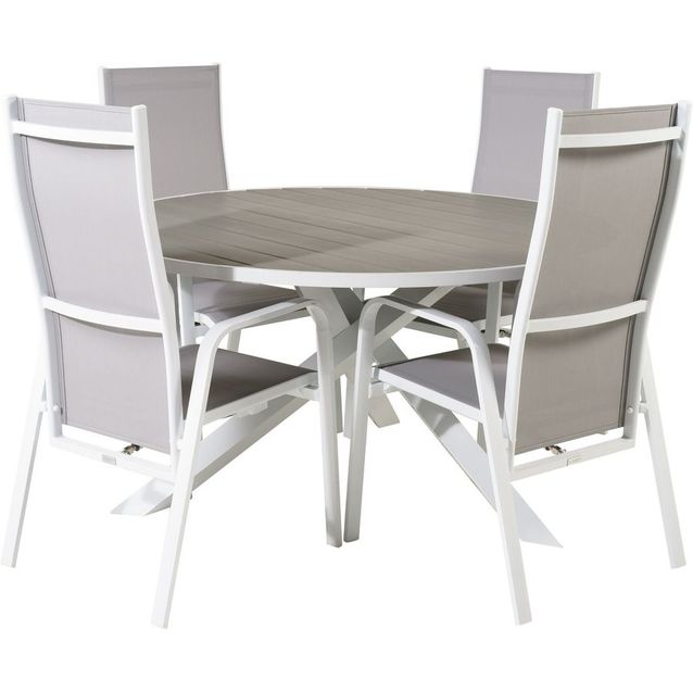 Ruokailuryhmä Venture Home, ø140cm, harmaa/valkoinen Parma-pöytä + 6 harmaa/valkoista Copacabana-säätötuolia