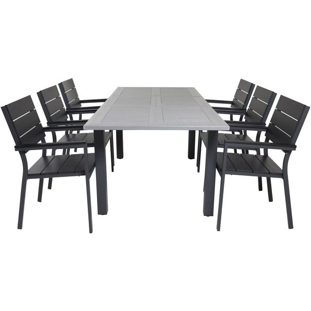Ruokailuryhmä Venture Home, 152/210x90cm harmaa/musta jatkettava Albany-pöytä + 6 mustaa, pinottavaa Levels-tuolia