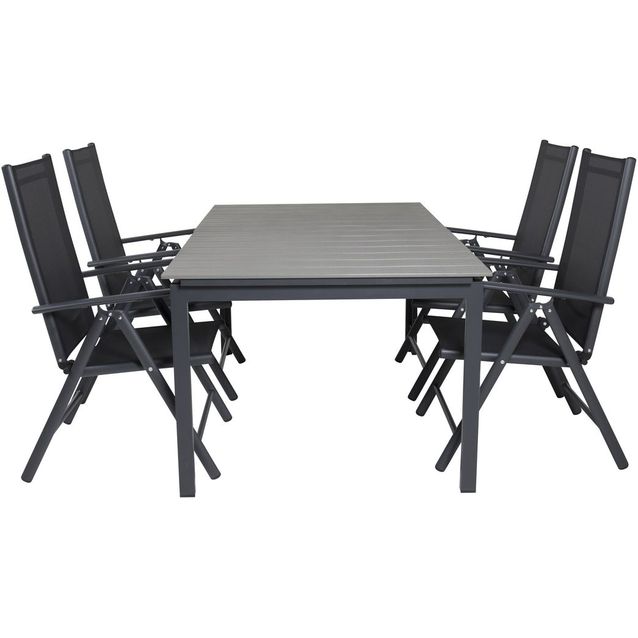 Ruokailuryhmä Venture Home, 160/240x100cm jatkettava harmaa/musta Levels-pöytä + 4 mustaa Break-säätötuolia