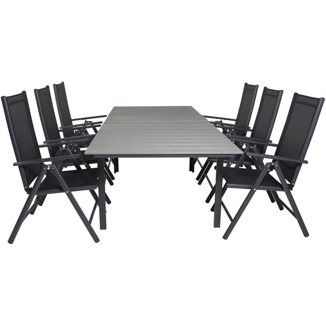 Ruokailuryhmä Venture Home, 160/240x100cm jatkettava harmaa/musta Levels-pöytä + 6 mustaa Break-säätötuolia