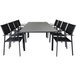 Ruokailuryhmä Venture Home, 160/240x100cm jatkettava harmaa/musta Levels-pöytä + 8 mustaa, pinottavaa Santorini-tuolia