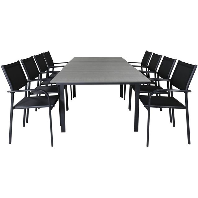 Ruokailuryhmä Venture Home, 160/240x100cm jatkettava harmaa/musta Levels-pöytä + 8 mustaa, pinottavaa Santorini-tuolia