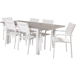 Ruokailuryhmä Venture Home, 160/240x90cm jatkettava harmaa/valkoinen Albany-pöytä + 6 valkoista, pinottavaa Santorini-tuolia