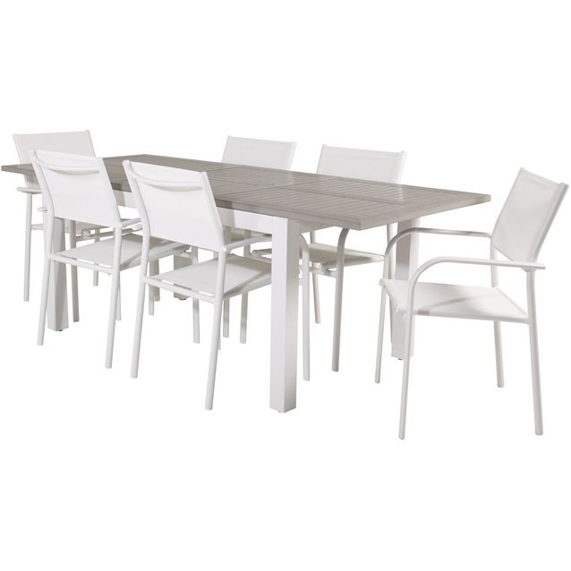 Ruokailuryhmä Venture Home, 160/240x90cm jatkettava harmaa/valkoinen Albany-pöytä + 6 valkoista, pinottavaa Santorini-tuolia
