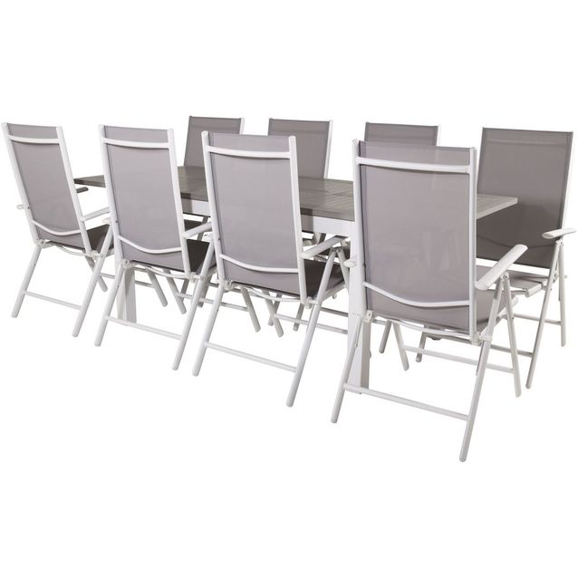 Ruokailuryhmä Venture Home, 160/240x90cm jatkettava harmaa/valkoinen Albany-pöytä + 8 harmaa/valkoista Break-säätötuolia