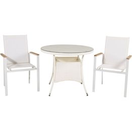Ruokailuryhmä Venture Home, ø90cm valkoinen Volta-pöytä + 2 valkoista, pinottavaa Texas-tuolia