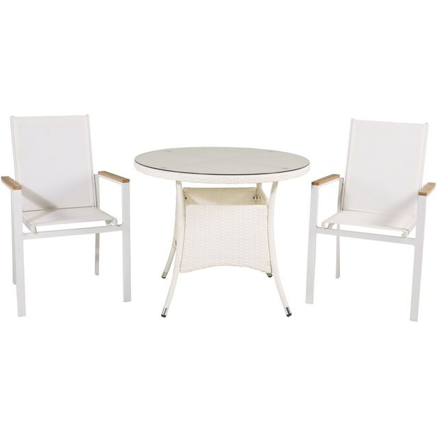 Ruokailuryhmä Venture Home, ø90cm valkoinen Volta-pöytä + 2 valkoista, pinottavaa Texas-tuolia