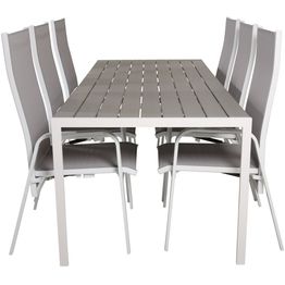 Ruokailuryhmä Venture Home, 205x90cm harmaa/valkoinen Break-pöytä + 6 harmaa/valkoista, pinottavaa Copacabana-säätötuolia