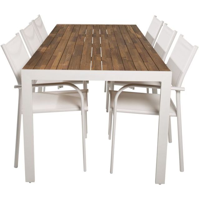 Ruokailuryhmä Venture Home, 205x90cm akaasia/valkoinen Bois-pöytä + 6 valkoista, pinottavaa Santorini-tuolia