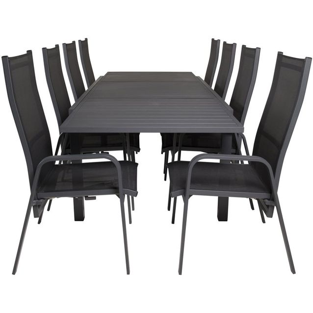 Ruokailuryhmä Venture Home, 160/240x100cm jatkettava musta Marbella-pöytä + 8 mustaa, pinottavaa Copacabana-säätötuolia