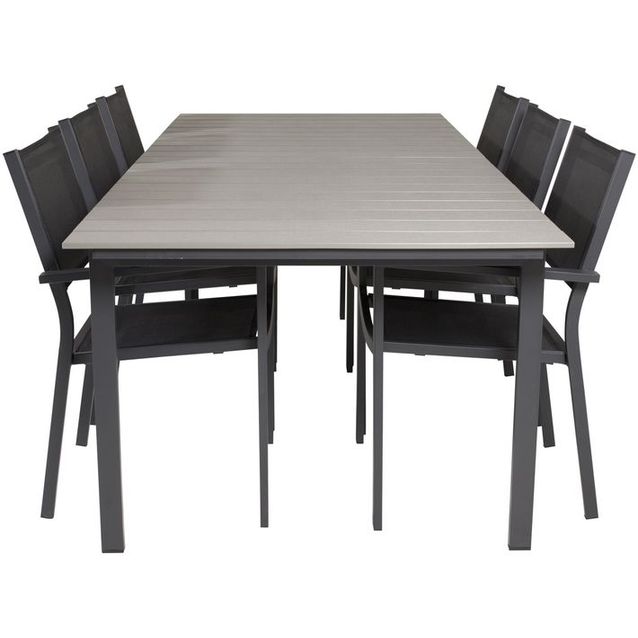Ruokailuryhmä Venture Home, 229/310x100cm jatkettava harmaa/musta Levels-pöytä + 6 mustaa, pinottavaa Copacabana-tuolia