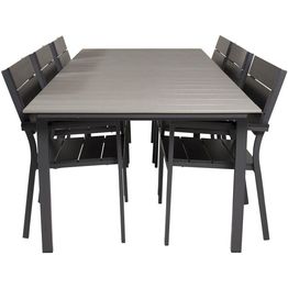 Ruokailuryhmä Venture Home, 229/310x100cm jatkettava harmaa/musta Levels-pöytä + 6 mustaa, pinottavaa Levels-tuolia