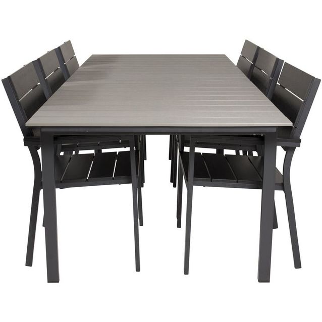 Ruokailuryhmä Venture Home, 229/310x100cm jatkettava harmaa/musta Levels-pöytä + 6 mustaa, pinottavaa Levels-tuolia