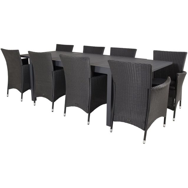 Ruokailuryhmä Venture Home, 160/240x100cm jatkettava musta Marbella-pöytä + 8 mustaa Knick-tuolia