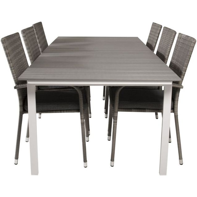Ruokailuryhmä Venture Home, 229/310x100cm jatkettava harmaa/valkoinen Levels-pöytä + 6 harmaata Anna-tuolia