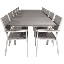 Ruokailuryhmä Venture Home, 229/310x100cm jatkettava harmaa/valkoinen Levels-pöytä + 10 harmaa/valkoista, pinottavaa Levels-tuolia