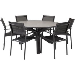 Ruokailuryhmä Venture Home, ø140cm, harmaa/musta Parma-pöytä + 6 mustaa, pinottavaa Santorini-tuolia