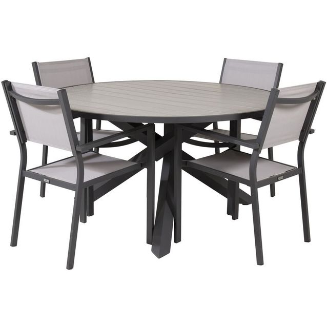 Ruokailuryhmä Venture Home, ø140cm, harmaa/musta Parma-pöytä + 6 pinottavaa Copacabana-tuolia