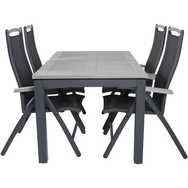 Ruokailuryhmä Venture Home, 160/240x90cm jatkettava harmaa/mustaa Albany-pöytä + 4 mustaa Albany-säätötuolia