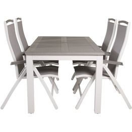 Ruokailuryhmä Venture Home, 152/210x90cm harmaa/valkoinen jatkettava Albany-pöytä + 4 harmaa/valkoista Albany-säätötuolia