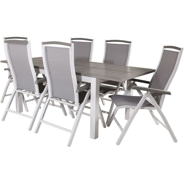 Ruokailuryhmä Venture Home, 152/210x90cm harmaa/valkoinen jatkettava Albany-pöytä + 6 harmaa/valkoista Albany-säätötuolia