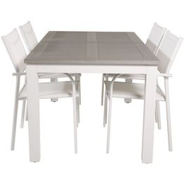 Ruokailuryhmä Venture Home, 152/210x90cm harmaa/valkoinen jatkettava Albany-pöytä + 4 harmaa/valkoista, pinottavaa Santorini-tuolia