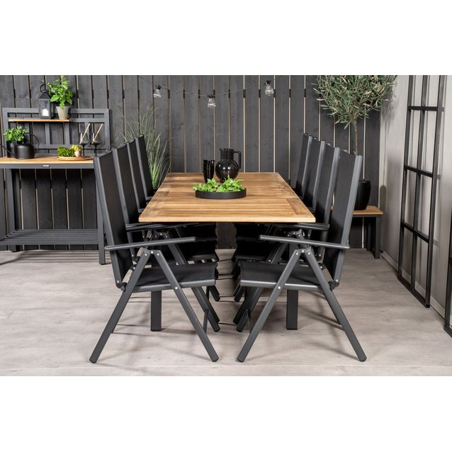 Ruokailuryhmä Venture Home, jatkettava, musta/tiikki Panama-pöytä + 8 mustaa Break-säätötuolia