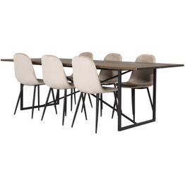 Ruokailuryhmä Venture Home, 250x100cm ruskea Padang-pöytä + 6 beigeä Polar-tuolia, sametti