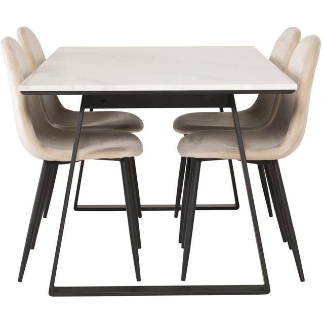 Ruokailuryhmä Venture Home, 140x90cm valkoinen Estelle-pöytä + 4 beigeä Polar-tuolia, sametti