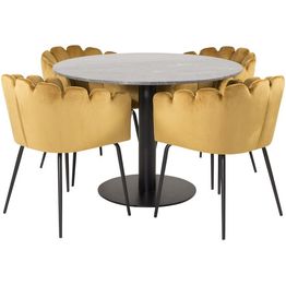 Ruokailuryhmä Venture Home, ø106cm musta Estelle-pöytä + 4 Limhamn-tuolia, sametti