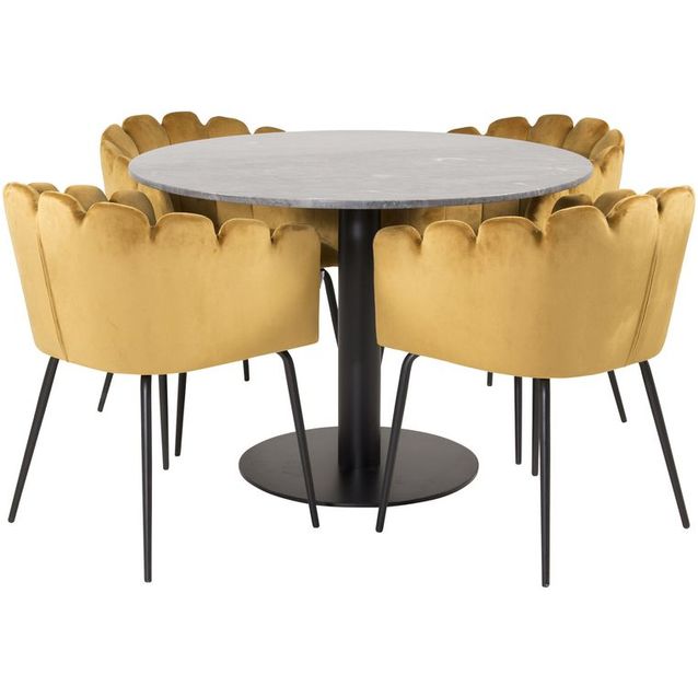 Ruokailuryhmä Venture Home, ø106cm musta Estelle-pöytä + 4 Limhamn-tuolia, sametti