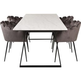 Ruokailuryhmä Venture Home, 200x90cm valkoinen Estelle-pöytä + 4 harmaata Limhamn-tuolia, sametti