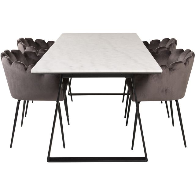 Ruokailuryhmä Venture Home, 200x90cm valkoinen Estelle-pöytä + 4 harmaata Limhamn-tuolia, sametti