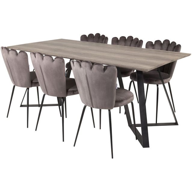 Ruokailuryhmä Venture Home, 180x90cm harmaa/musta Marina-pöytä+ 6 harmaata Limhamn Light -tuolia, sametti