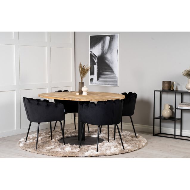 Pyöreä ruokailuryhmä Venture Home, Ø140cm ruskea Cirebon-pöytä + 6 mustaa Limhamn-tuolia, sametti