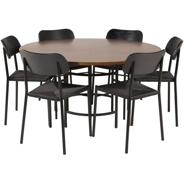 Ruokailuryhmä Venture Home, ⌀140cm ruskea Copenhagen-pöytä + 6 mustaa Polly-tuolia