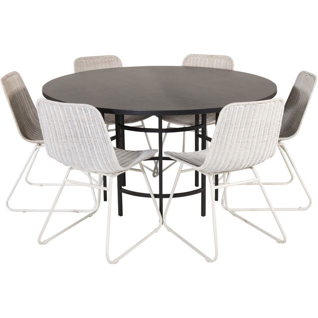 Pyöreä ruokailuryhmä Venture Home, Ø140cm musta Copenhagen-pöytä + 6 vaaleaa Cirebon-tuolia