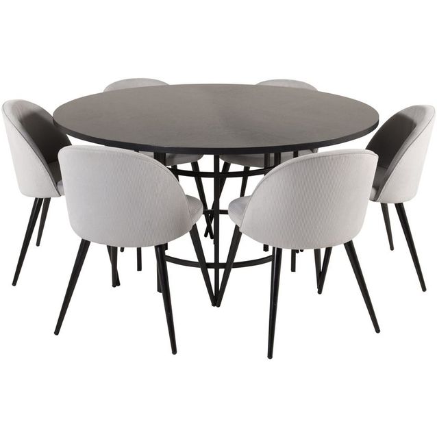 Ruokailuryhmä Venture Home, ⌀140cm musta Copenhagen-pöytä + 6 vaaleanharmaata Velvet-tuolia, sametti