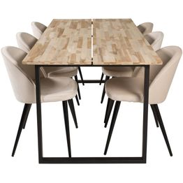 Ruokailuryhmä Venture Home, Cirebon-lankkupöytä + 6 beigeä Velvet-tuolia