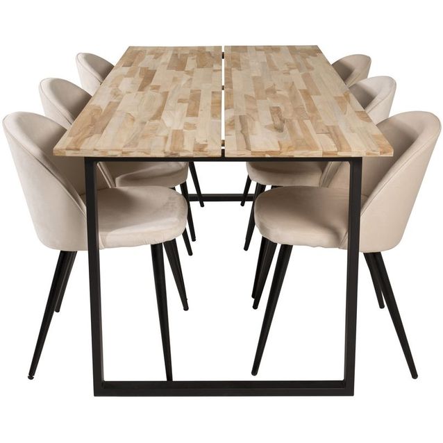 Ruokailuryhmä Venture Home, Cirebon-lankkupöytä + 6 beigeä Velvet-tuolia