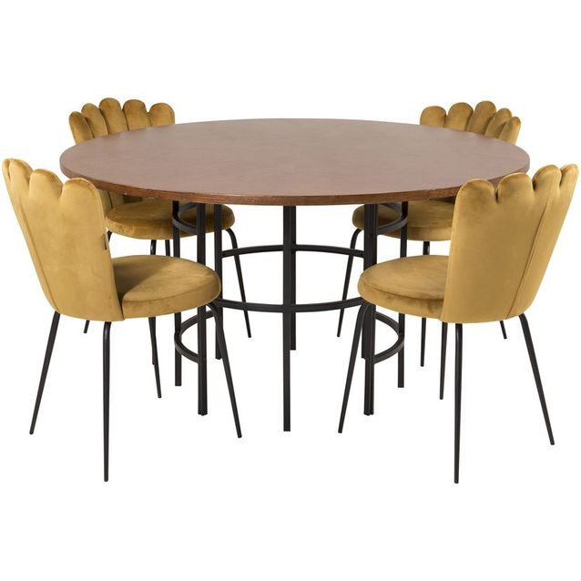 Ruokailuryhmä Venture Home, ⌀140cm ruskea Copenhagen-pöytä + 4 keltaista Limhamn Light -tuolia, sametti