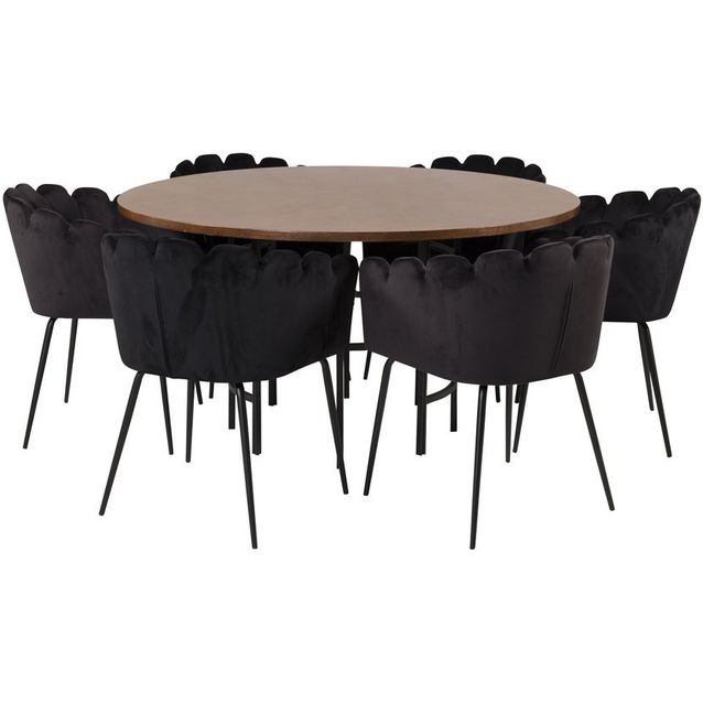 Ruokailuryhmä Venture Home, ⌀140cm musta Copenhagen-pöytä + 6 Limhamn-tuolia, sametti