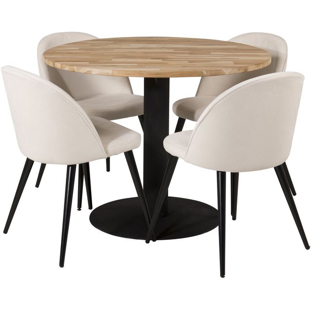 Pyöreä ruokailuryhmä Venture Home, Ø100cm ruskea Cirebon-pöytä + 4 kerman sävyistä Velvet-tuolia, vakosametti