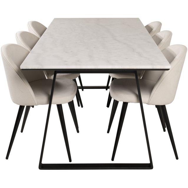 Ruokailuryhmä Venture Home, 200x90cm valkoinen Estelle-pöytä + 6 Velvet-tuolia, sametti