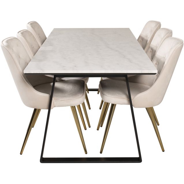 Ruokailuryhmä Venture Home, 200x90cm valkoinen Estelle-pöytä + 6 beigeä Velvet Deluxe-tuolia, sametti