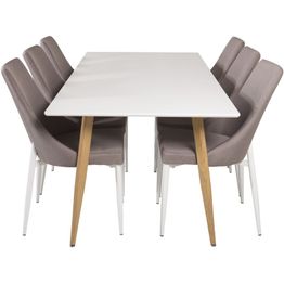 Ruokailuryhmä Venture Home, 180x90cm valkoinen/ruskea Polar-pöytä + 6 harmaata Leone 2.0 -tuolia