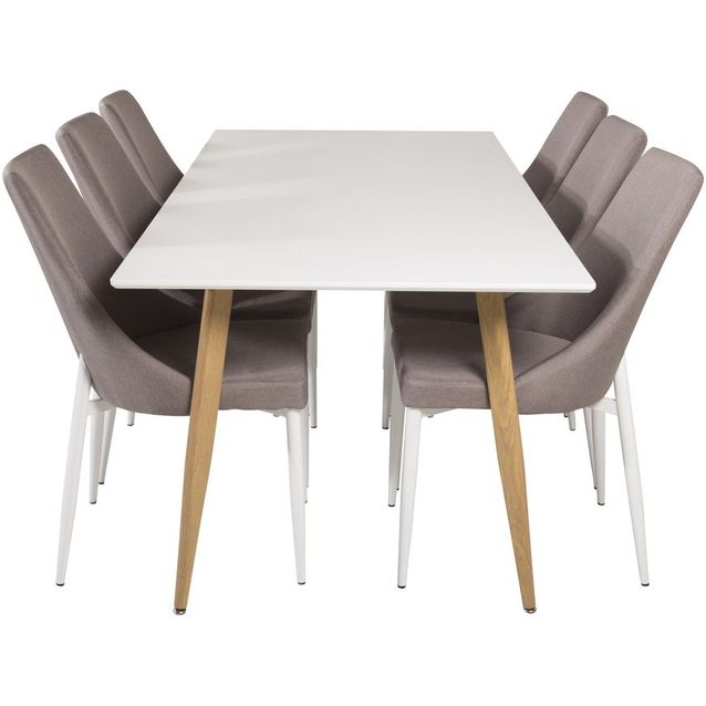 Ruokailuryhmä Venture Home, 180x90cm valkoinen/ruskea Polar-pöytä + 6 harmaata Leone 2.0 -tuolia
