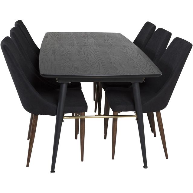 Ruokailuryhmä Venture Home, jatkettava musta Gold-pöytä + 6 mustaa Leone-tuolia